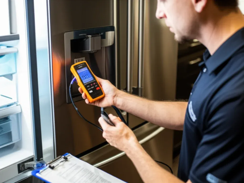 Person in a navy polo holding a yellow handheld meter and a probe lead in front of an open stainless refrigerator door